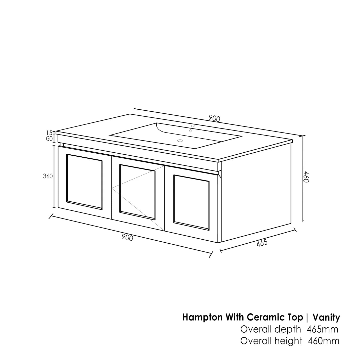 Satin White Hampton Mark Ii 900MM Wall Hung Vanity Slimline Ceramic Top