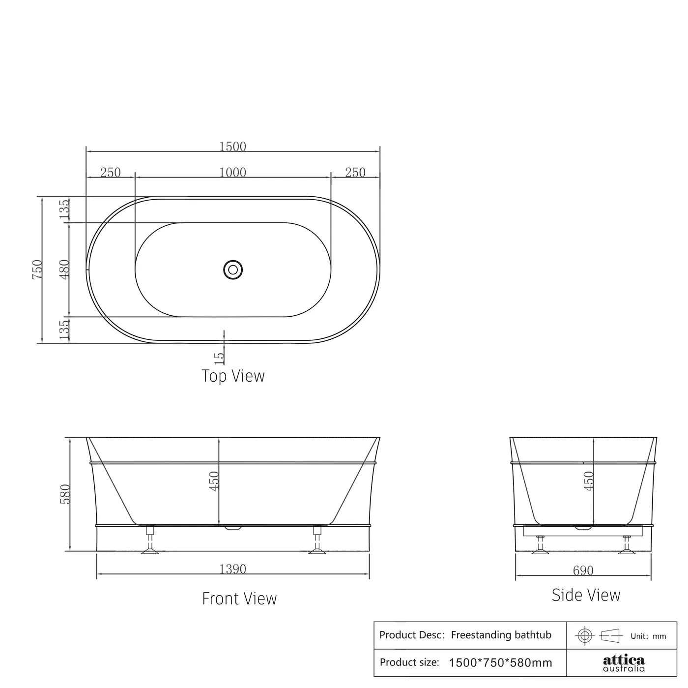 Attica Bondi Bath 1500 Gloss White