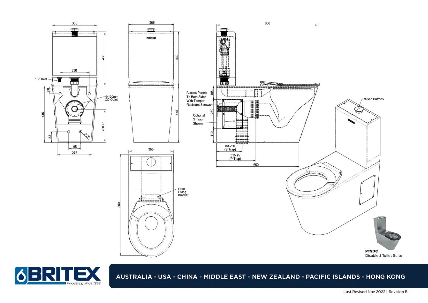 Britex Accessible Toilet Suite – AS1428 Compliant Stainless Steel Design with Dual Flush