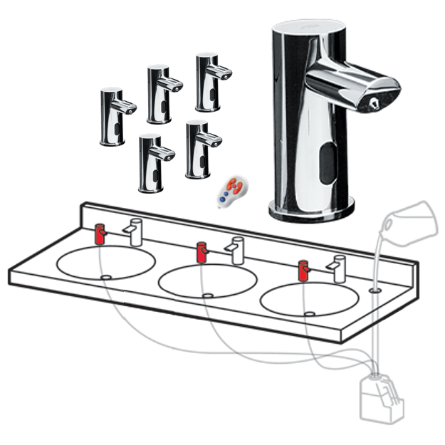 EZ-FILL™ SOAP DISPENSER HEADS, MULTI-FEED 6 PK (INC. REMOTE CONTROL), LIQUID VANITY MOUNTED, POLISHED CHROME